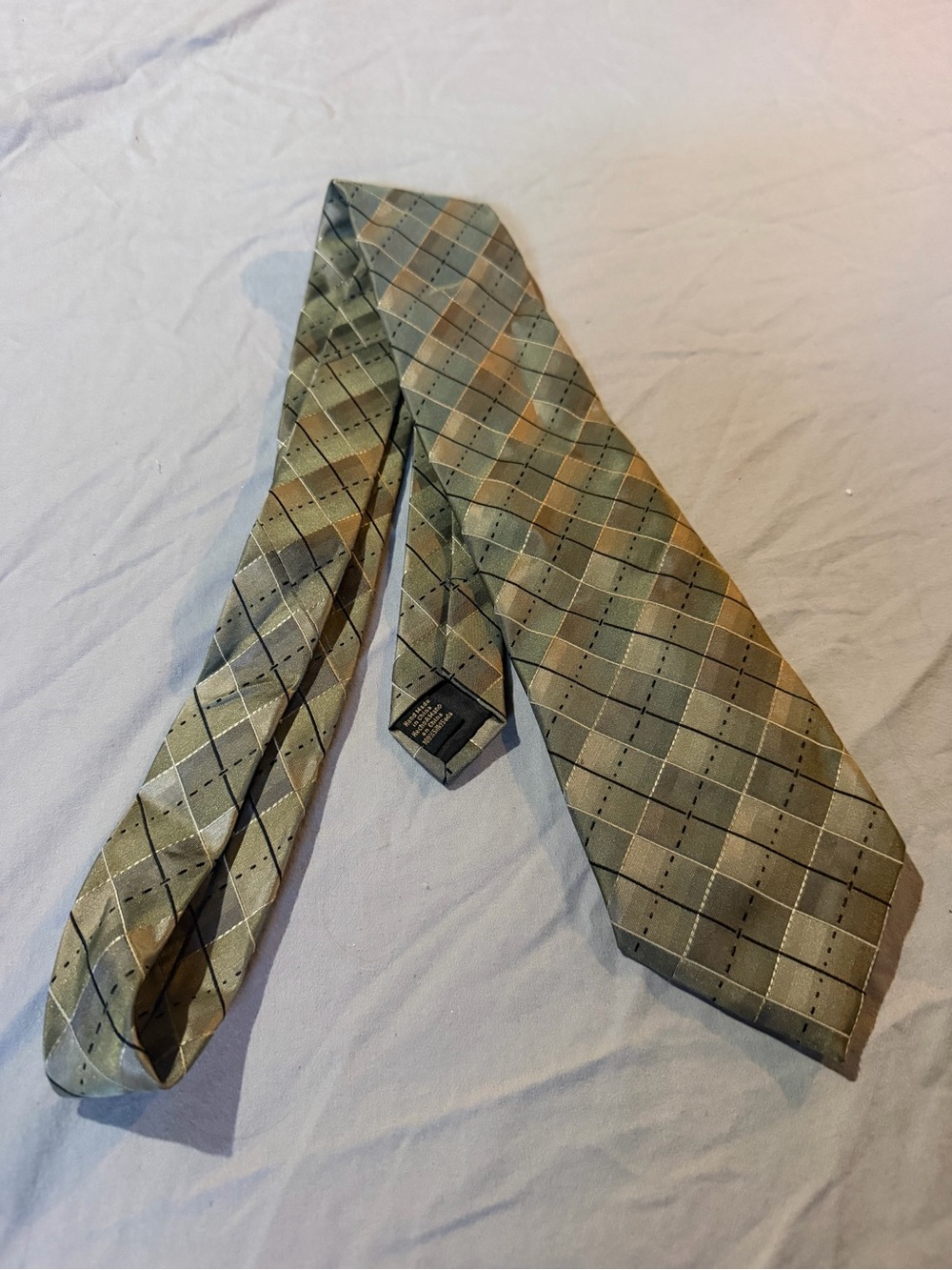 Van Heusen Olive Green Plaid Silk Tie with Tan Accents